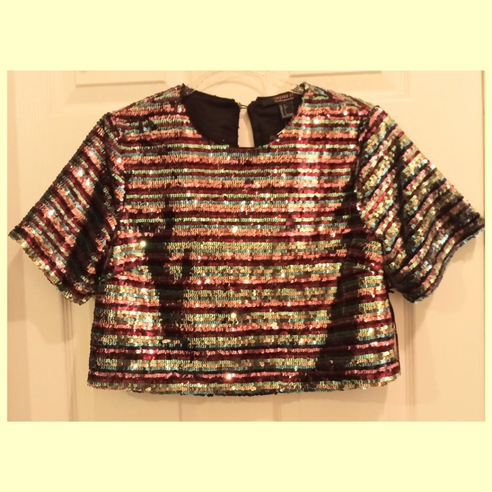 Women's Multi-Color Sequin Short Sleeve Crop Top   Size L